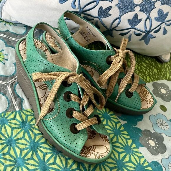 FLY LONDON Lace Up Wedge Open Toe Shoe (Dark Mint Green) - Picture 6 of 10